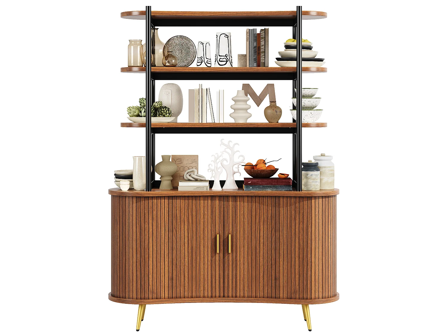 Buffet Haut avec Portes Coulissantes & Présentoir 4 Niveaux 120x183cm - Rangement Cuisine avec Pieds Dorés, Style Rétro - Marron Foncé