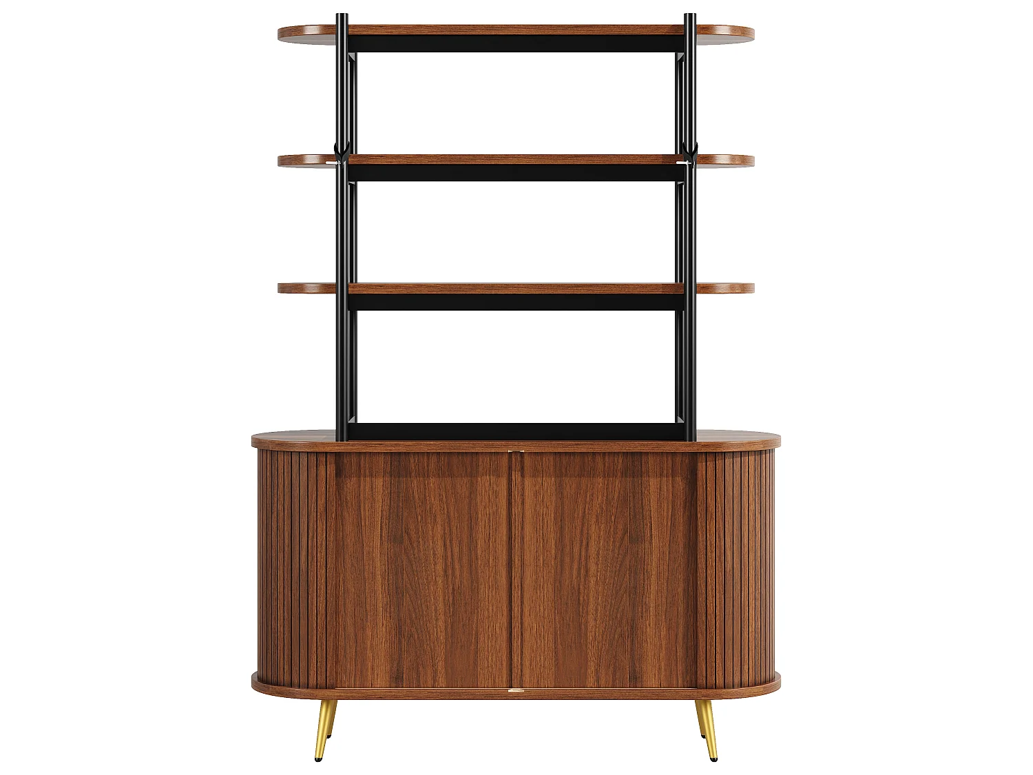 Buffet Haut avec Portes Coulissantes & Présentoir 4 Niveaux 120x183cm - Rangement Cuisine avec Pieds Dorés, Style Rétro - Marron Foncé