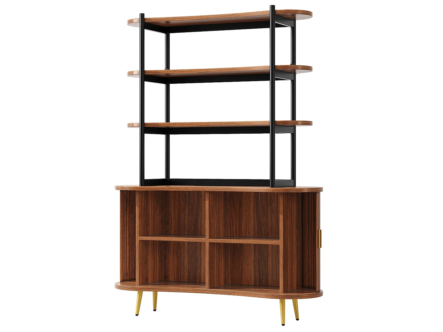 Buffet Haut avec Portes Coulissantes & Présentoir 4 Niveaux 120x183cm - Rangement Cuisine avec Pieds Dorés, Style Rétro - Marron Foncé