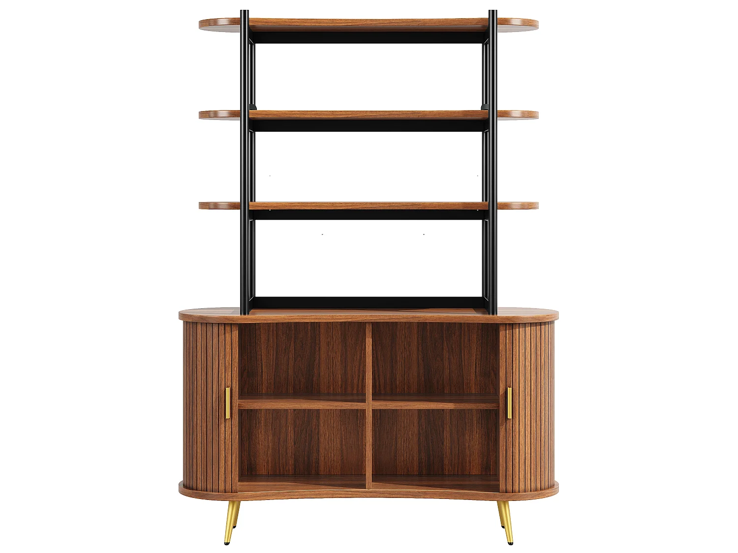 Buffet Haut avec Portes Coulissantes & Présentoir 4 Niveaux 120x183cm - Rangement Cuisine avec Pieds Dorés, Style Rétro - Marron Foncé