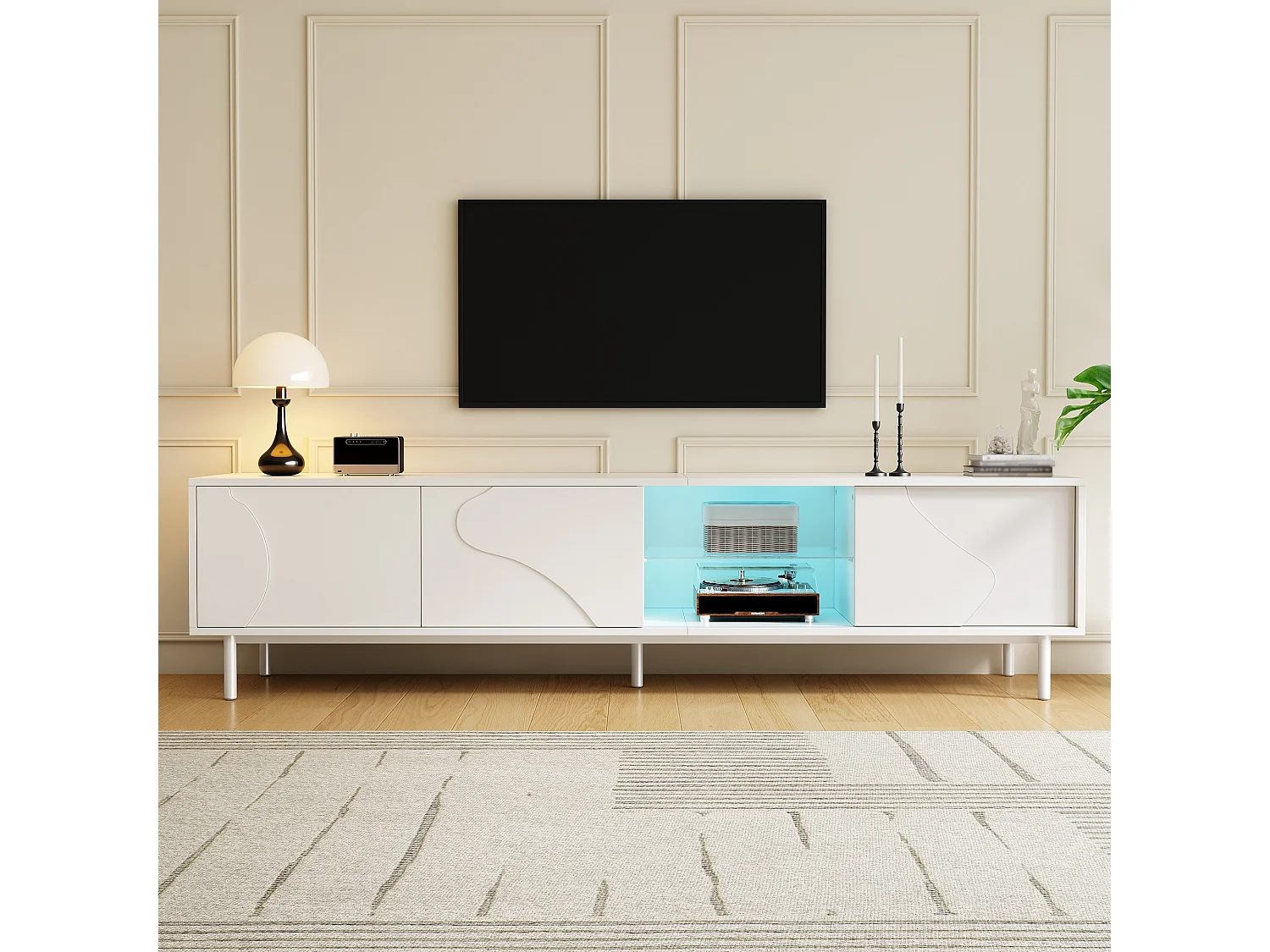 180 cm breites TV-Möbel mit 3 Schiebetüren, intelligenter LED-Beleuchtung und Glasablage – MDF, Metall und Sicherheitsglas – 180 x 40 x 45 cm – Weiß