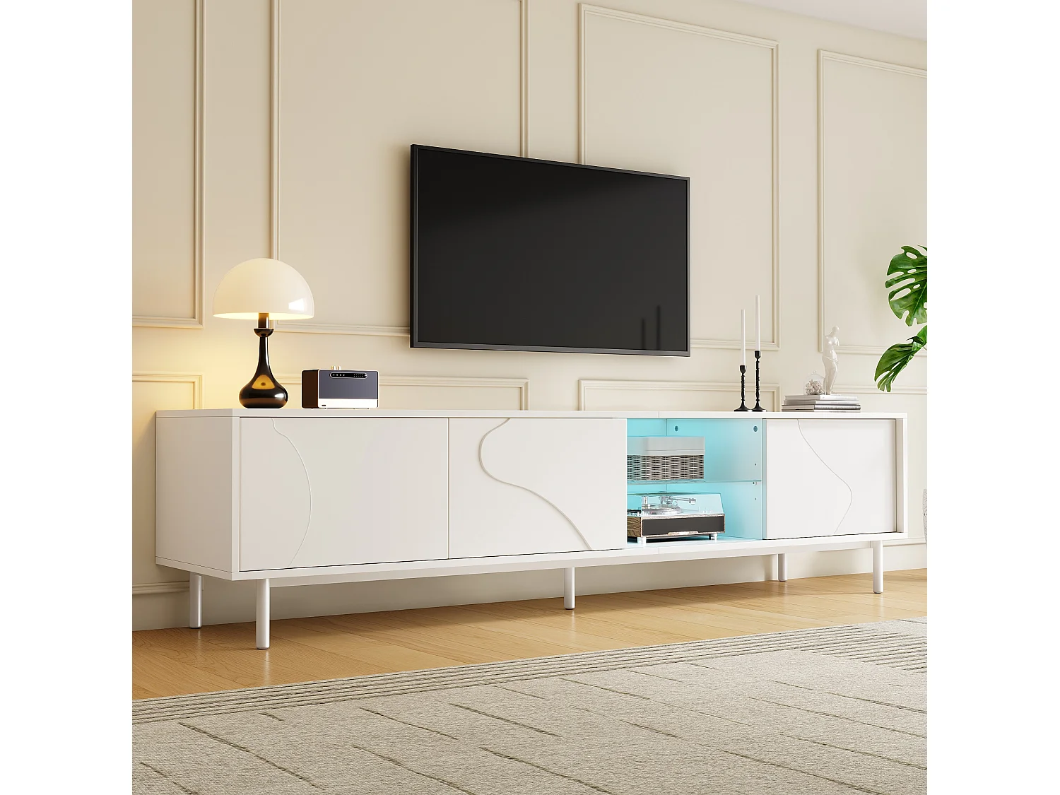 180 cm breites TV-Möbel mit 3 Schiebetüren, intelligenter LED-Beleuchtung und Glasablage – MDF, Metall und Sicherheitsglas – 180 x 40 x 45 cm – Weiß