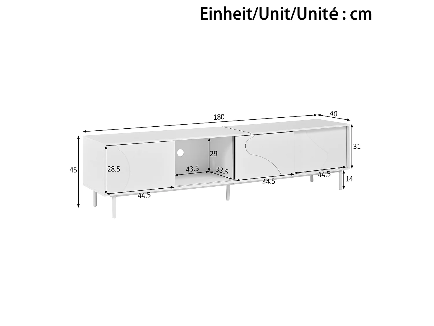 180 cm breites TV-Möbel mit 3 Schiebetüren, intelligenter LED-Beleuchtung und Glasablage – MDF, Metall und Sicherheitsglas – 180 x 40 x 45 cm – Weiß