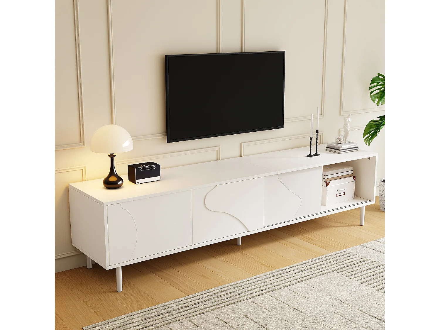 180 cm breites TV-Möbel mit 3 Schiebetüren, intelligenter LED-Beleuchtung und Glasablage – MDF, Metall und Sicherheitsglas – 180 x 40 x 45 cm – Weiß