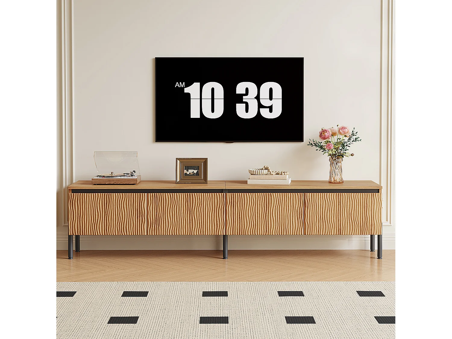 180 cm breites TV-Möbel mit 4 geschwungenen Türen und integriertem Kabelmanagement – Spanplatte + MDF – 180 x 35 x 43 cm – Naturholz