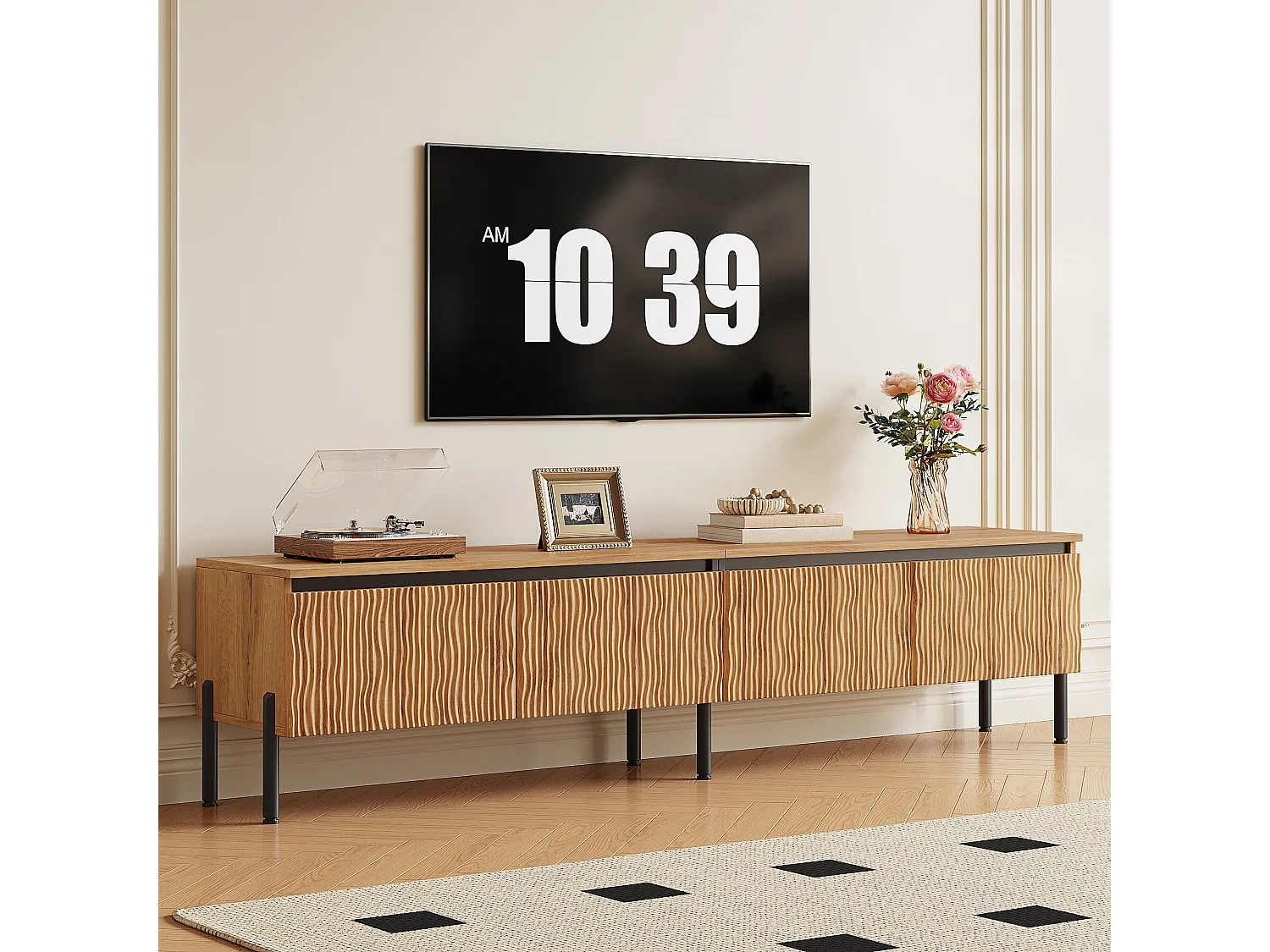 180 cm breites TV-Möbel mit 4 geschwungenen Türen und integriertem Kabelmanagement – Spanplatte + MDF – 180 x 35 x 43 cm – Naturholz