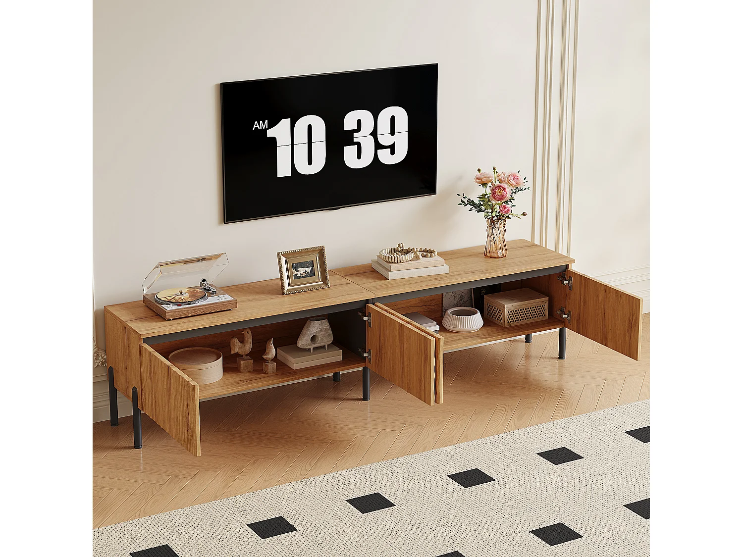 180 cm breites TV-Möbel mit 4 geschwungenen Türen und integriertem Kabelmanagement – Spanplatte + MDF – 180 x 35 x 43 cm – Naturholz