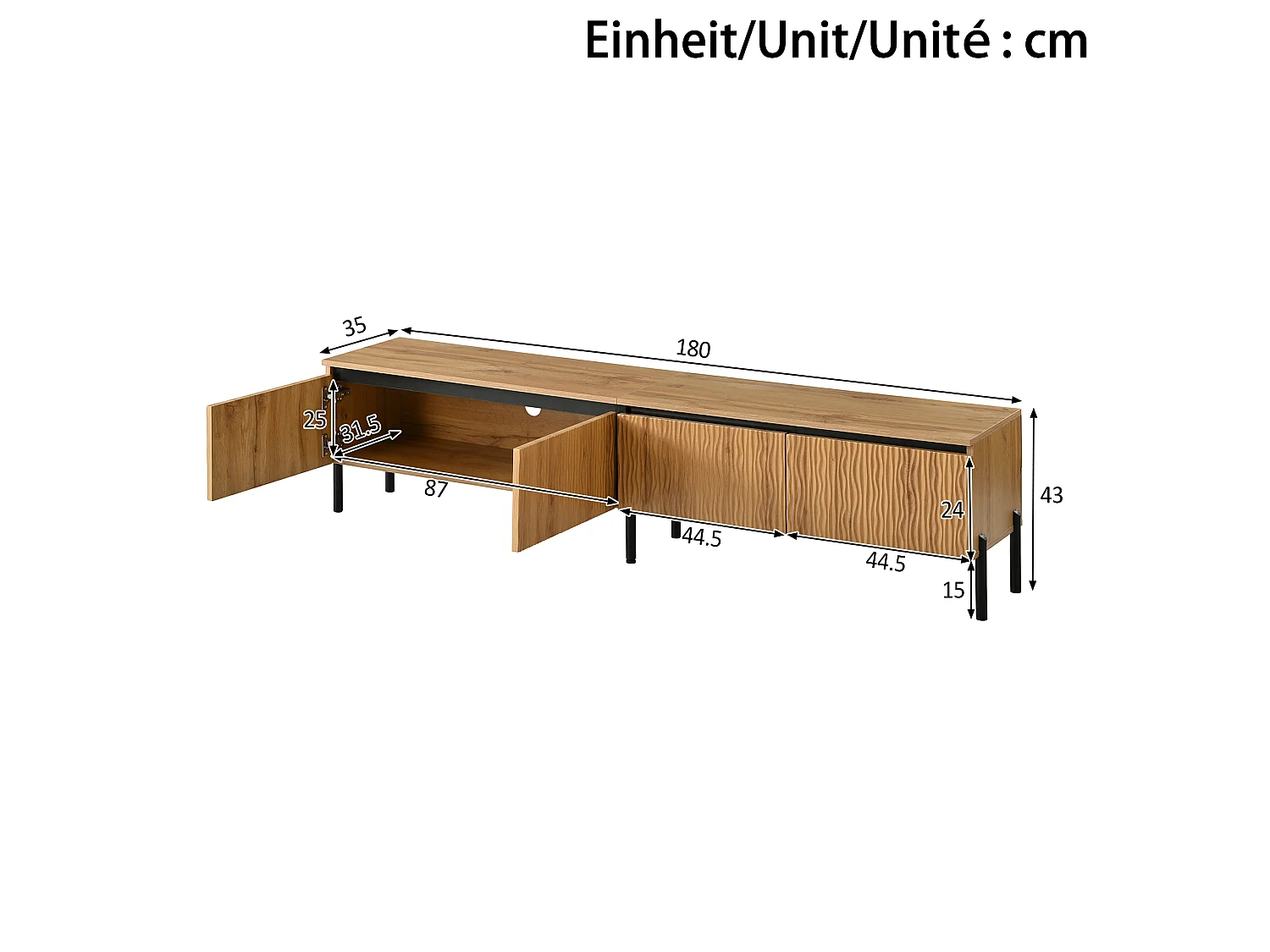 180 cm breites TV-Möbel mit 4 geschwungenen Türen und integriertem Kabelmanagement – Spanplatte + MDF – 180 x 35 x 43 cm – Naturholz