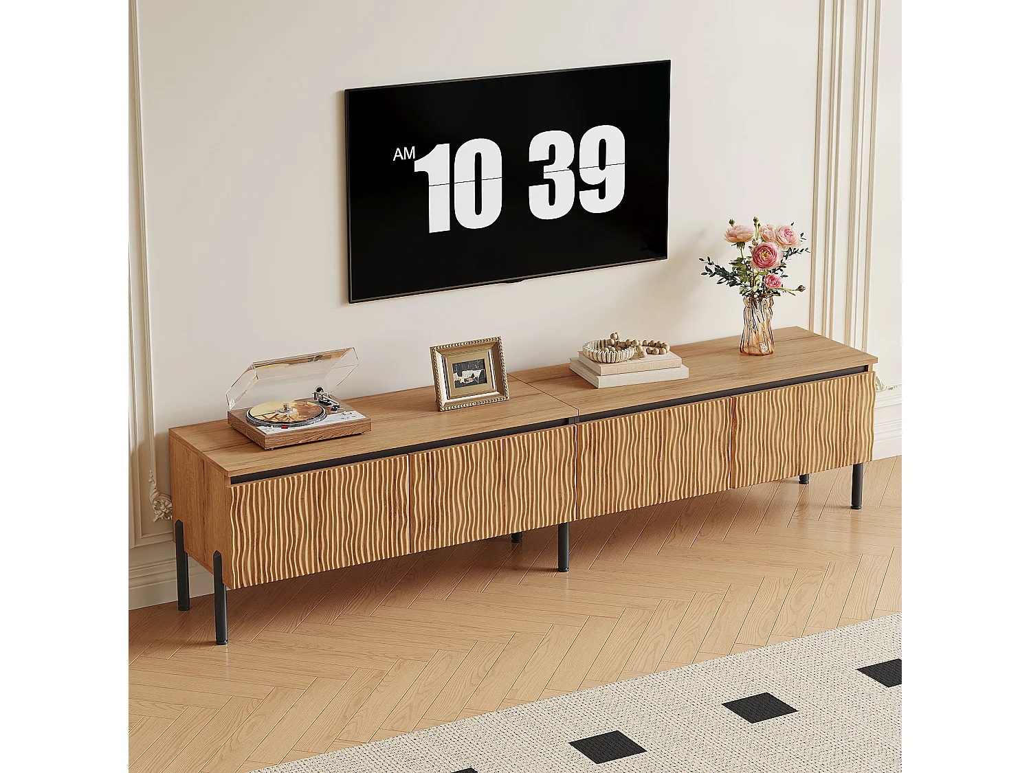180 cm breites TV-Möbel mit 4 geschwungenen Türen und integriertem Kabelmanagement – Spanplatte + MDF – 180 x 35 x 43 cm – Naturholz