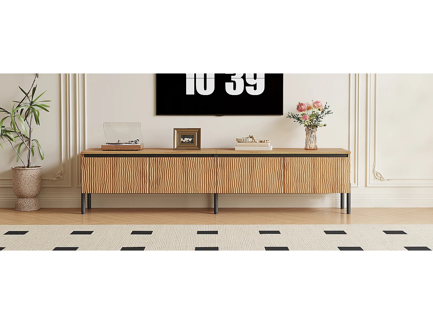 180 cm breites TV-Möbel mit 4 geschwungenen Türen und integriertem Kabelmanagement – Spanplatte + MDF – 180 x 35 x 43 cm – Naturholz