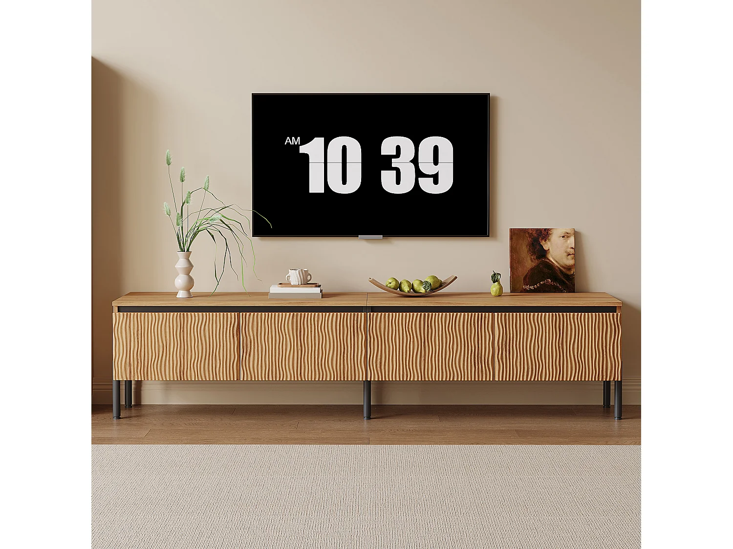 180 cm breites TV-Möbel mit 4 geschwungenen Türen und integriertem Kabelmanagement – Spanplatte + MDF – 180 x 35 x 43 cm – Naturholz