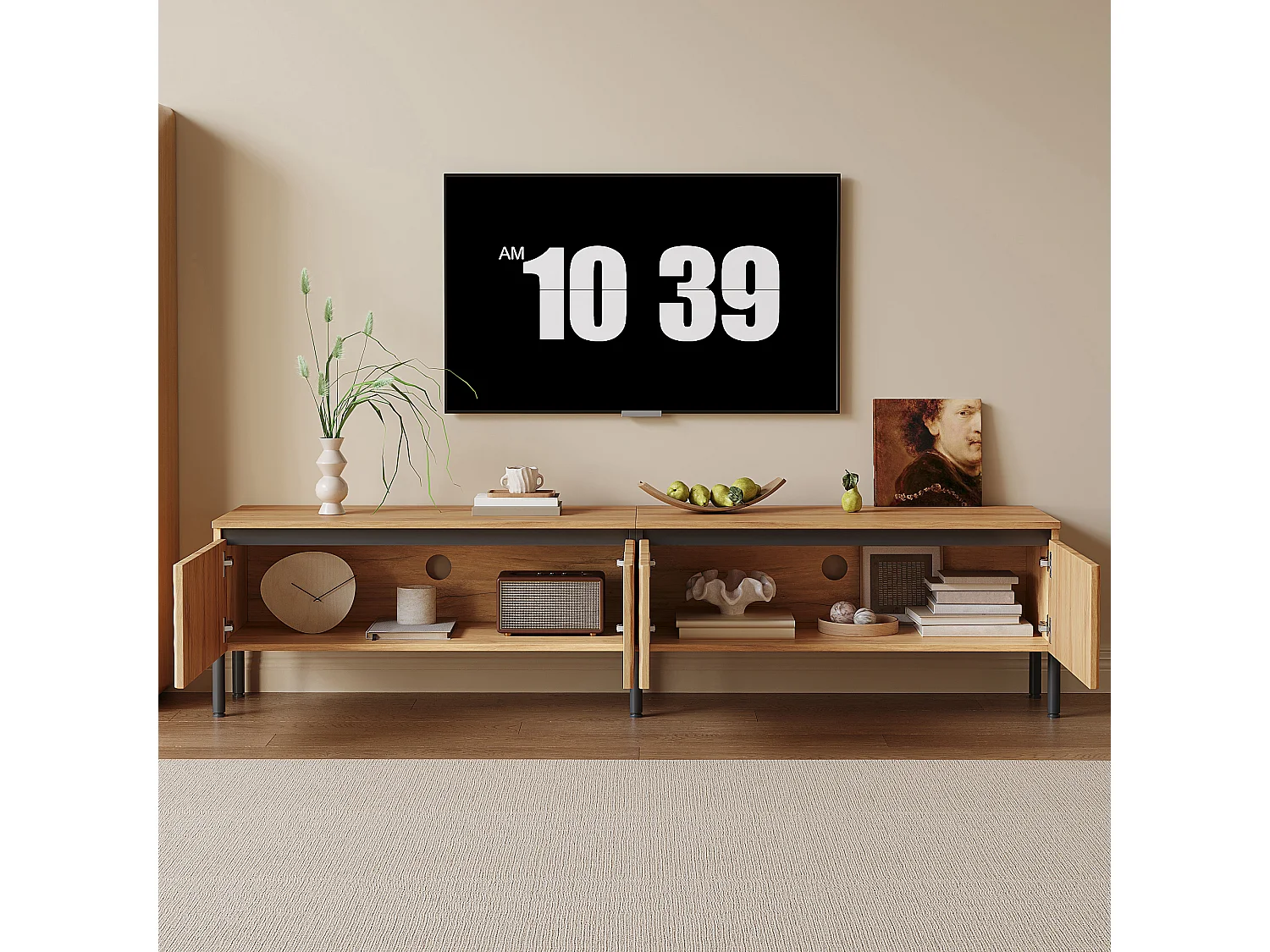 180 cm breites TV-Möbel mit 4 geschwungenen Türen und integriertem Kabelmanagement – Spanplatte + MDF – 180 x 35 x 43 cm – Naturholz