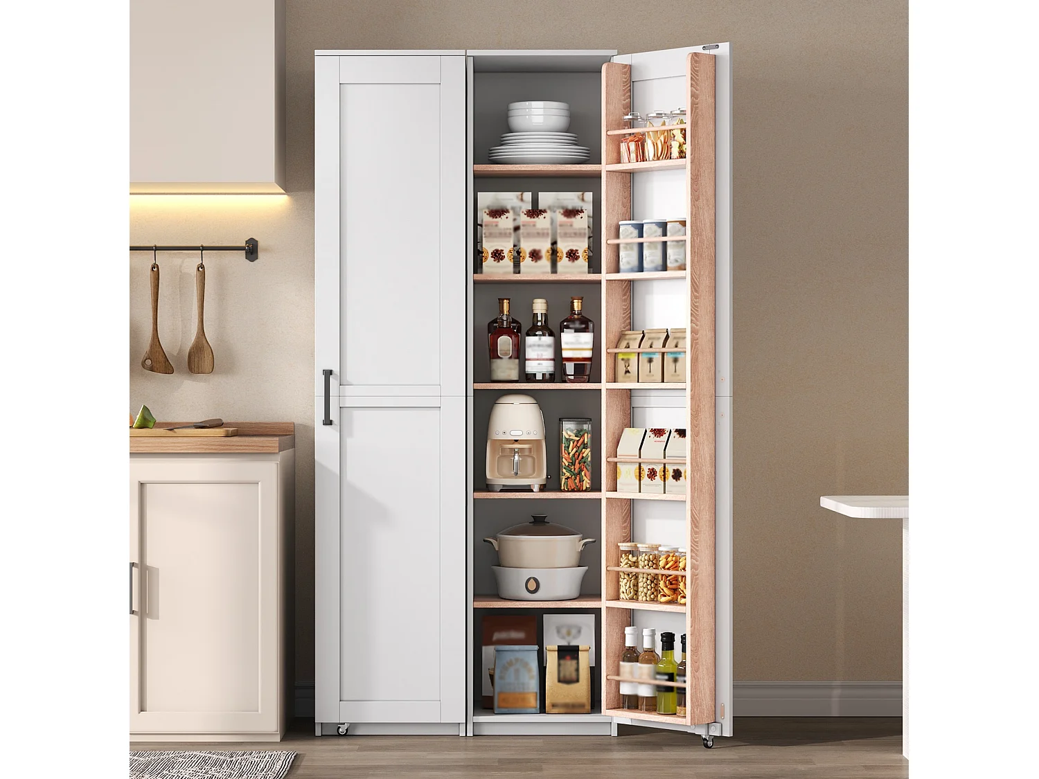 Mueble de cocina 40x40x183cm - con 1 puerta - estantes ajustables - con estante para especias - Blanco