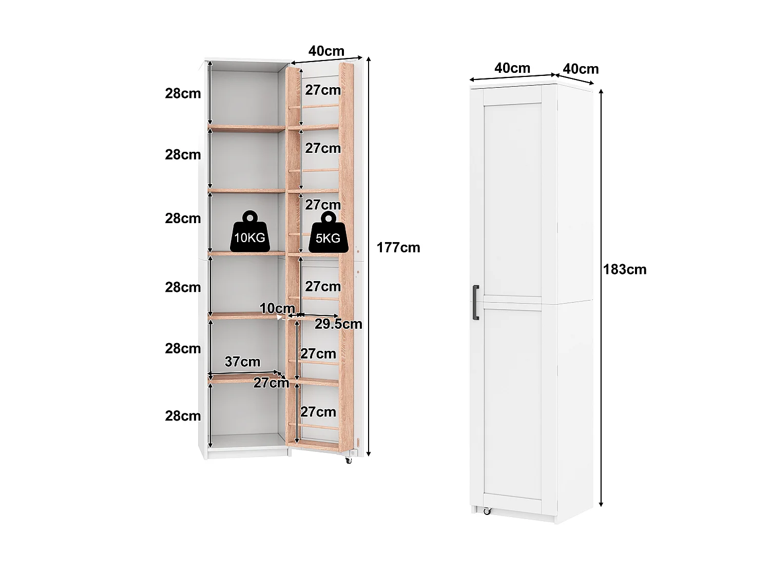 Mueble de cocina 40x40x183cm - con 1 puerta - estantes ajustables - con estante para especias - Blanco