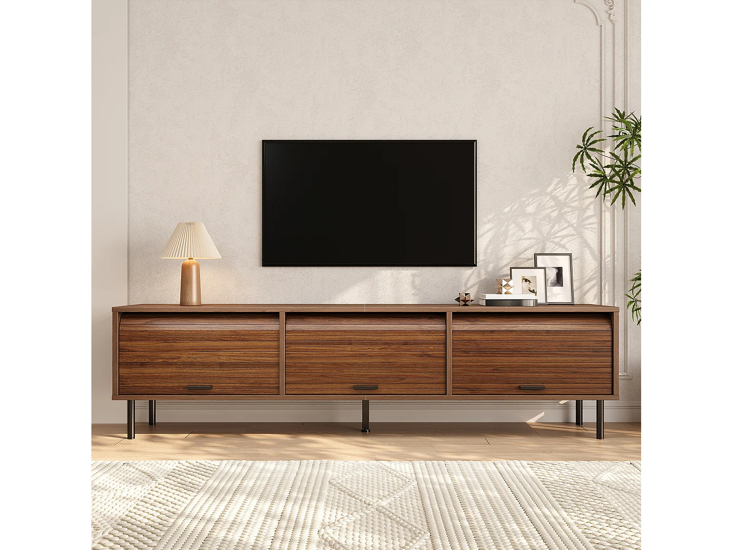 TV-Möbel 180x40x55cm - mit 3 Schiebetüren - schwarze Griffe - Metallfüße - Farbe Nussbaum