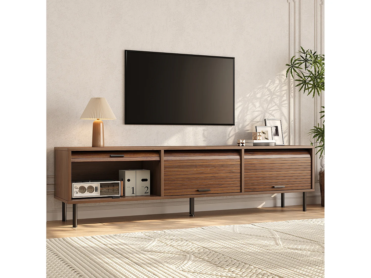 TV-Möbel 180x40x55cm - mit 3 Schiebetüren - schwarze Griffe - Metallfüße - Farbe Nussbaum
