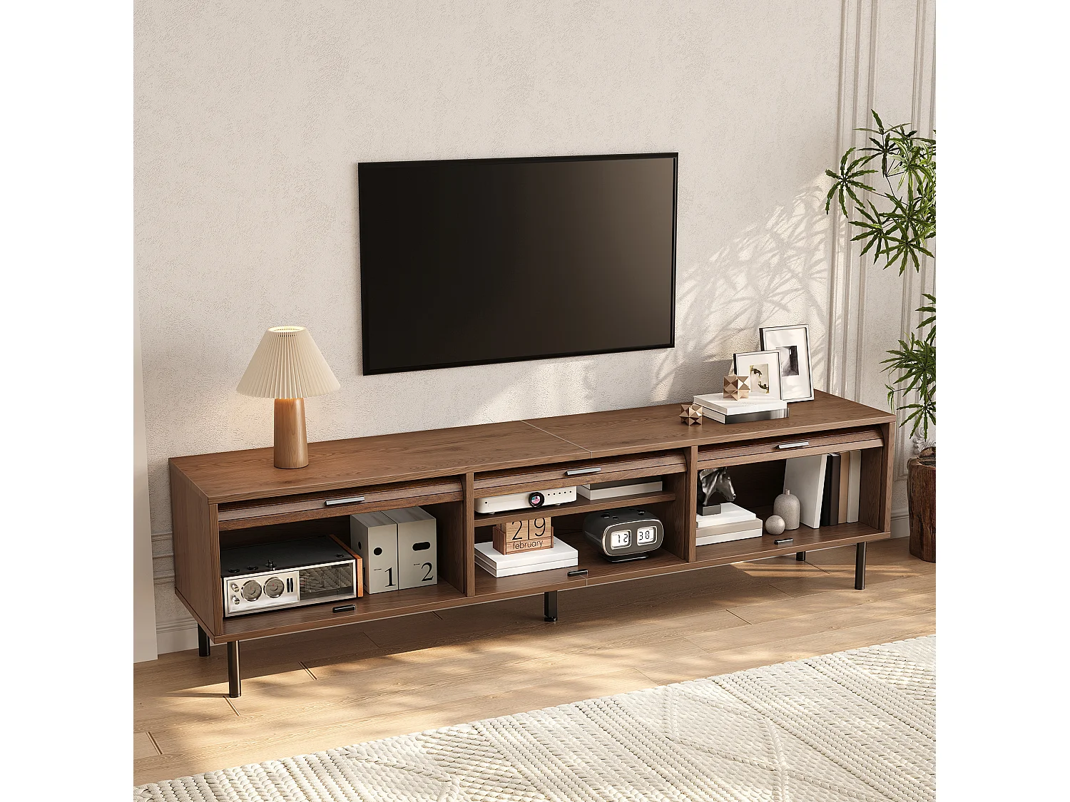 TV-Möbel 180x40x55cm - mit 3 Schiebetüren - schwarze Griffe - Metallfüße - Farbe Nussbaum