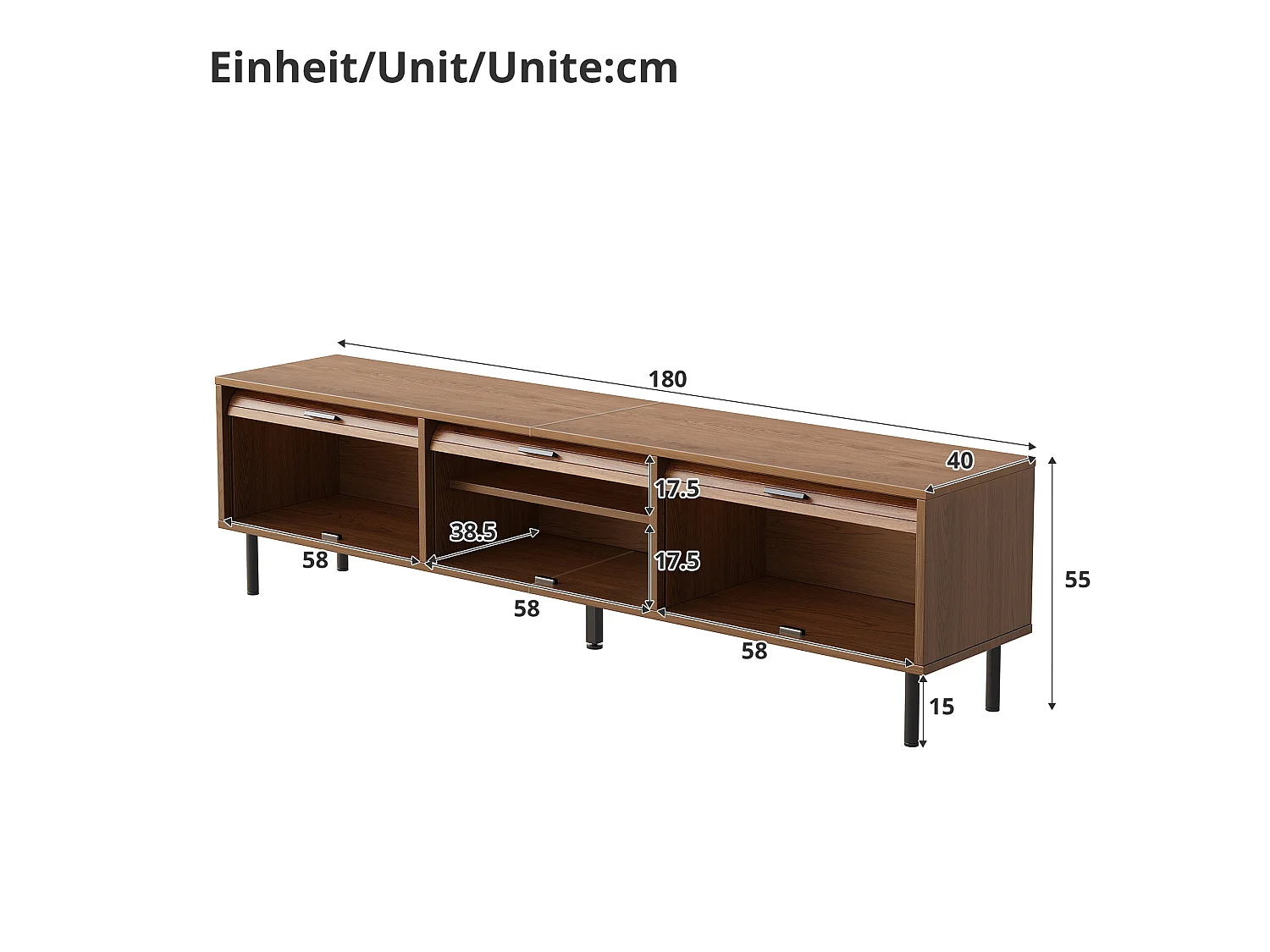 TV-Möbel 180x40x55cm - mit 3 Schiebetüren - schwarze Griffe - Metallfüße - Farbe Nussbaum