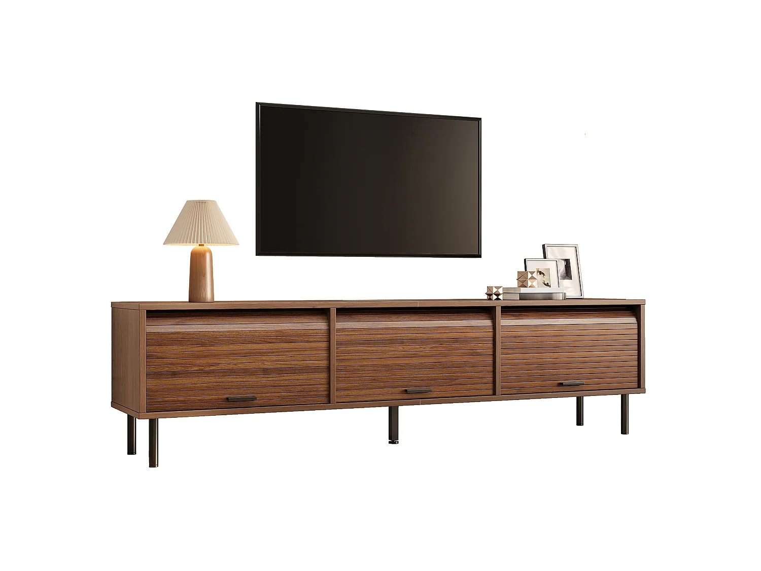 TV-Möbel 180x40x55cm - mit 3 Schiebetüren - schwarze Griffe - Metallfüße - Farbe Nussbaum