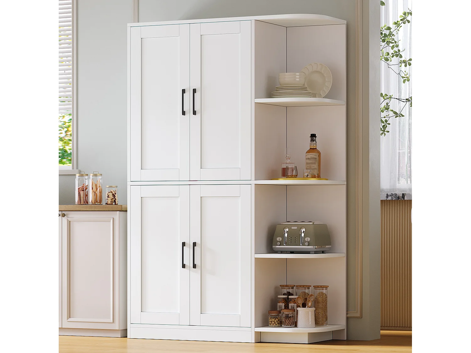 Köksbuffé 103x40x163cm - med 4 dörrar - med öppen hylla i 4 nivåer - Vit