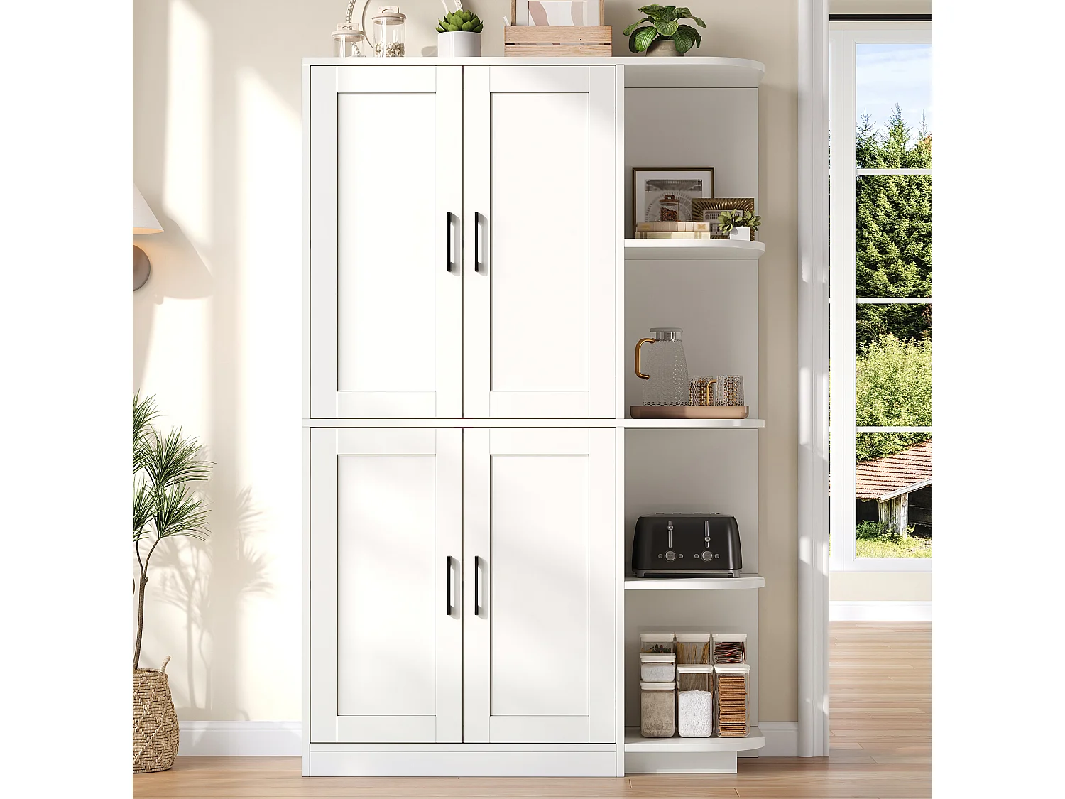 Köksbuffé 103x40x163cm - med 4 dörrar - med öppen hylla i 4 nivåer - Vit