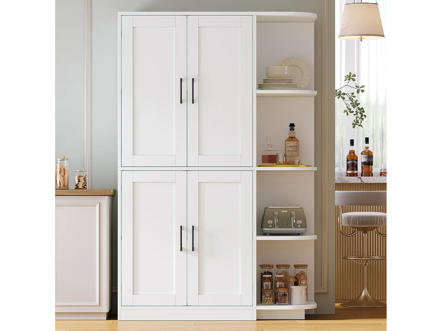 Köksbuffé 103x40x163cm - med 4 dörrar - med öppen hylla i 4 nivåer - Vit