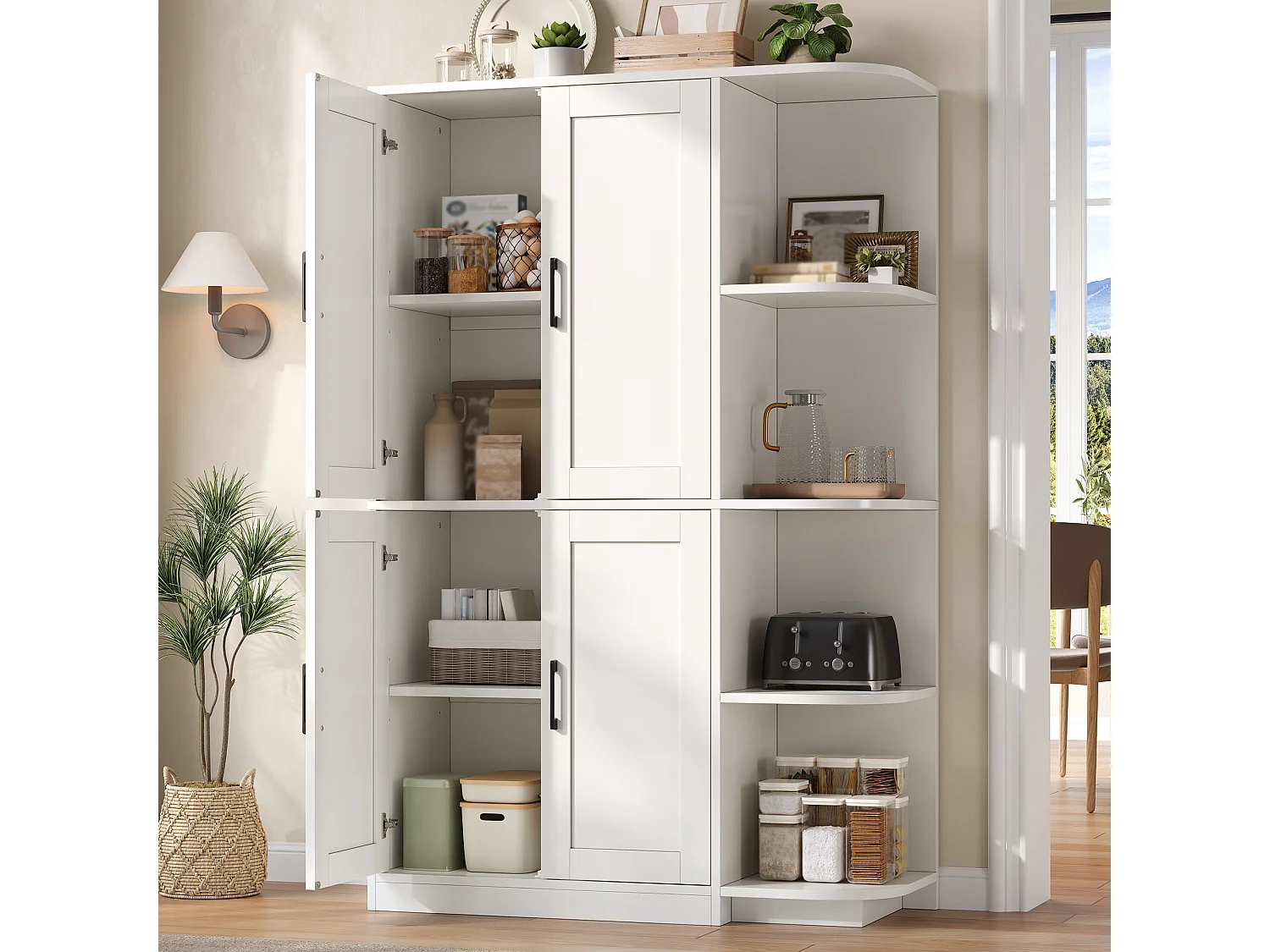 Köksbuffé 103x40x163cm - med 4 dörrar - med öppen hylla i 4 nivåer - Vit