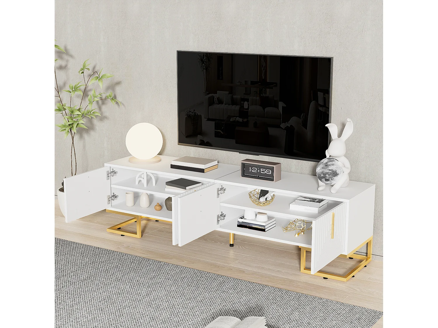 TV-Ständer mit 4 strukturierten Türen – 170 x 40 x 45,5 cm – Goldfarbene Griffe und Beine – Spanplatte – Weiß