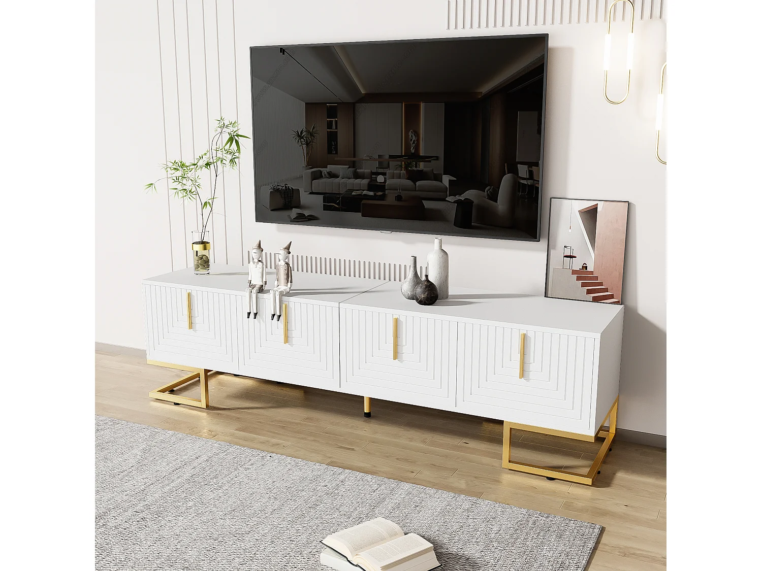 TV-Ständer mit 4 strukturierten Türen – 170 x 40 x 45,5 cm – Goldfarbene Griffe und Beine – Spanplatte – Weiß