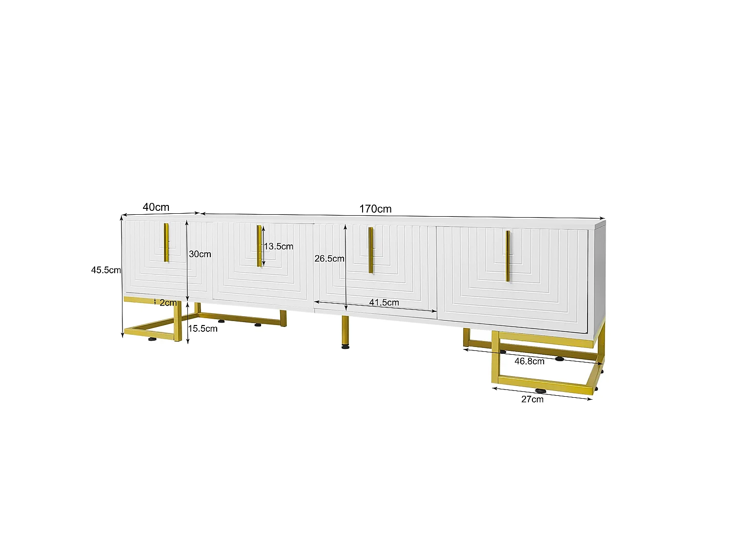 TV-Ständer mit 4 strukturierten Türen – 170 x 40 x 45,5 cm – Goldfarbene Griffe und Beine – Spanplatte – Weiß