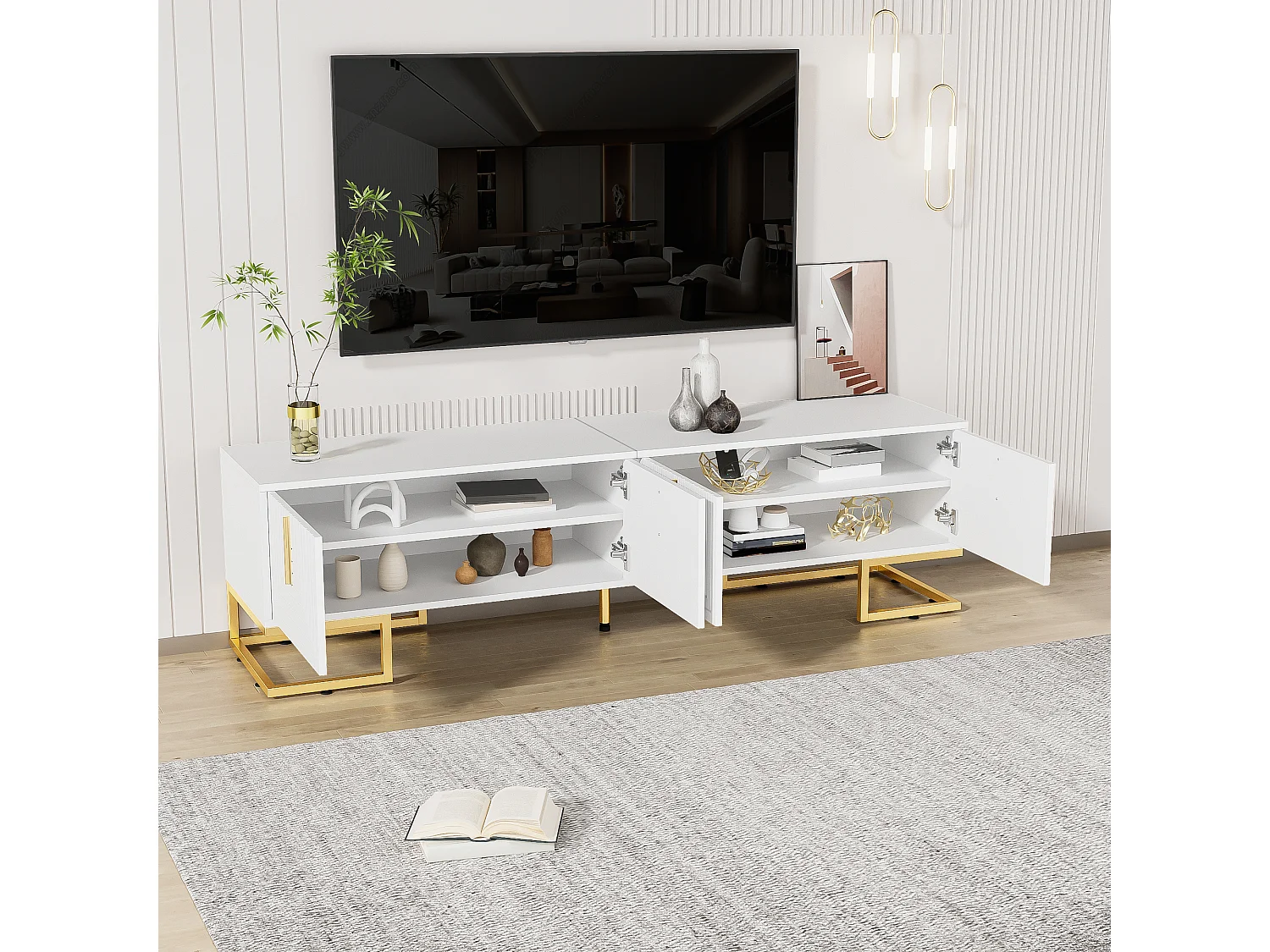 TV-Ständer mit 4 strukturierten Türen – 170 x 40 x 45,5 cm – Goldfarbene Griffe und Beine – Spanplatte – Weiß