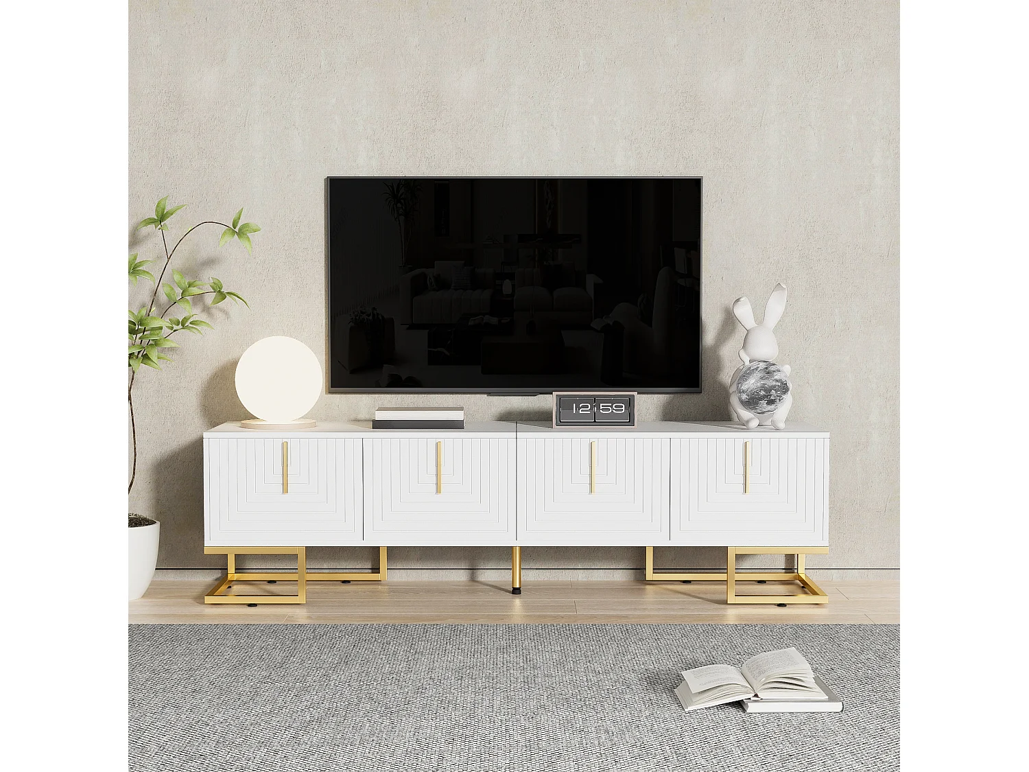 TV-Ständer mit 4 strukturierten Türen – 170 x 40 x 45,5 cm – Goldfarbene Griffe und Beine – Spanplatte – Weiß