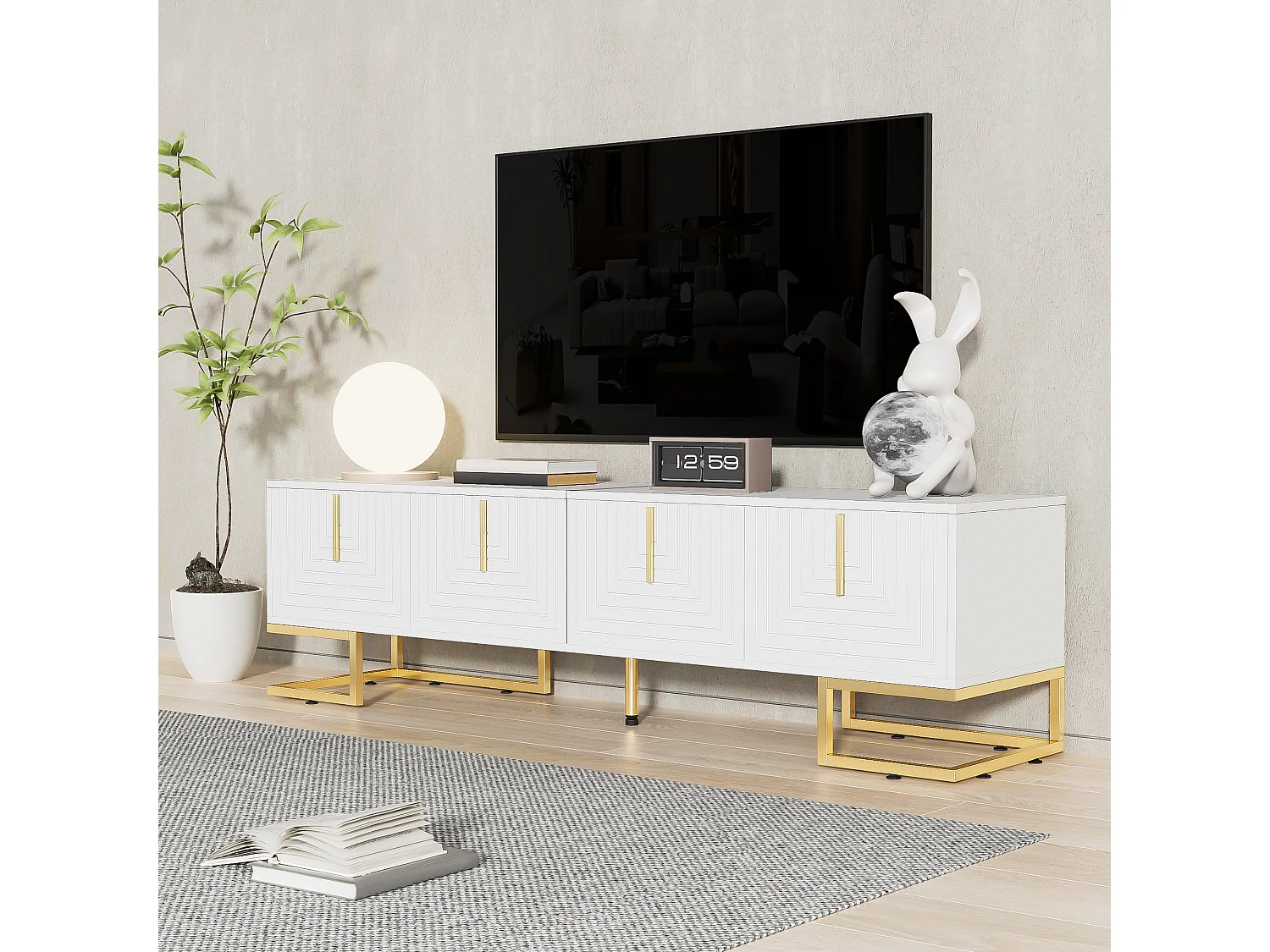 TV-Ständer mit 4 strukturierten Türen – 170 x 40 x 45,5 cm – Goldfarbene Griffe und Beine – Spanplatte – Weiß