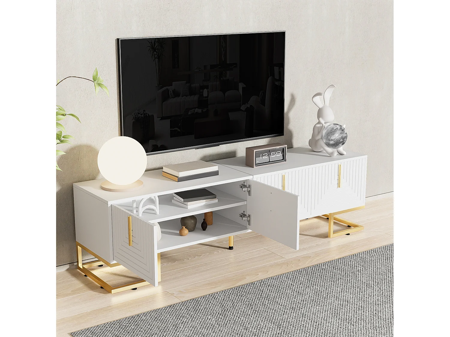 TV-Ständer mit 4 strukturierten Türen – 170 x 40 x 45,5 cm – Goldfarbene Griffe und Beine – Spanplatte – Weiß