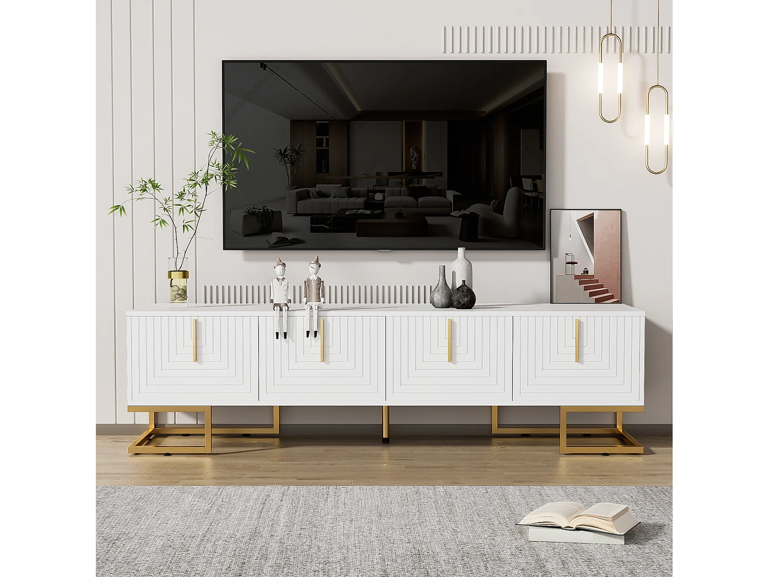 TV-Ständer mit 4 strukturierten Türen – 170 x 40 x 45,5 cm – Goldfarbene Griffe und Beine – Spanplatte – Weiß