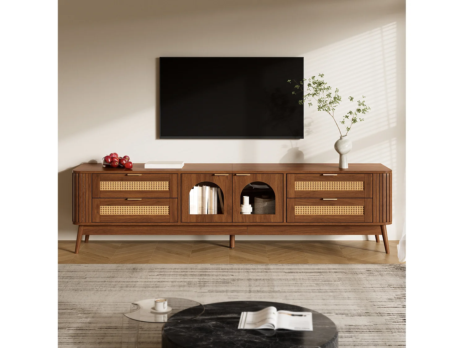 180 cm breites TV-Möbel mit 2 Glastüren, 4 Schubladen und LED-Beleuchtung – Spanplatte – 180 x 40 x 50 cm – Walnuss