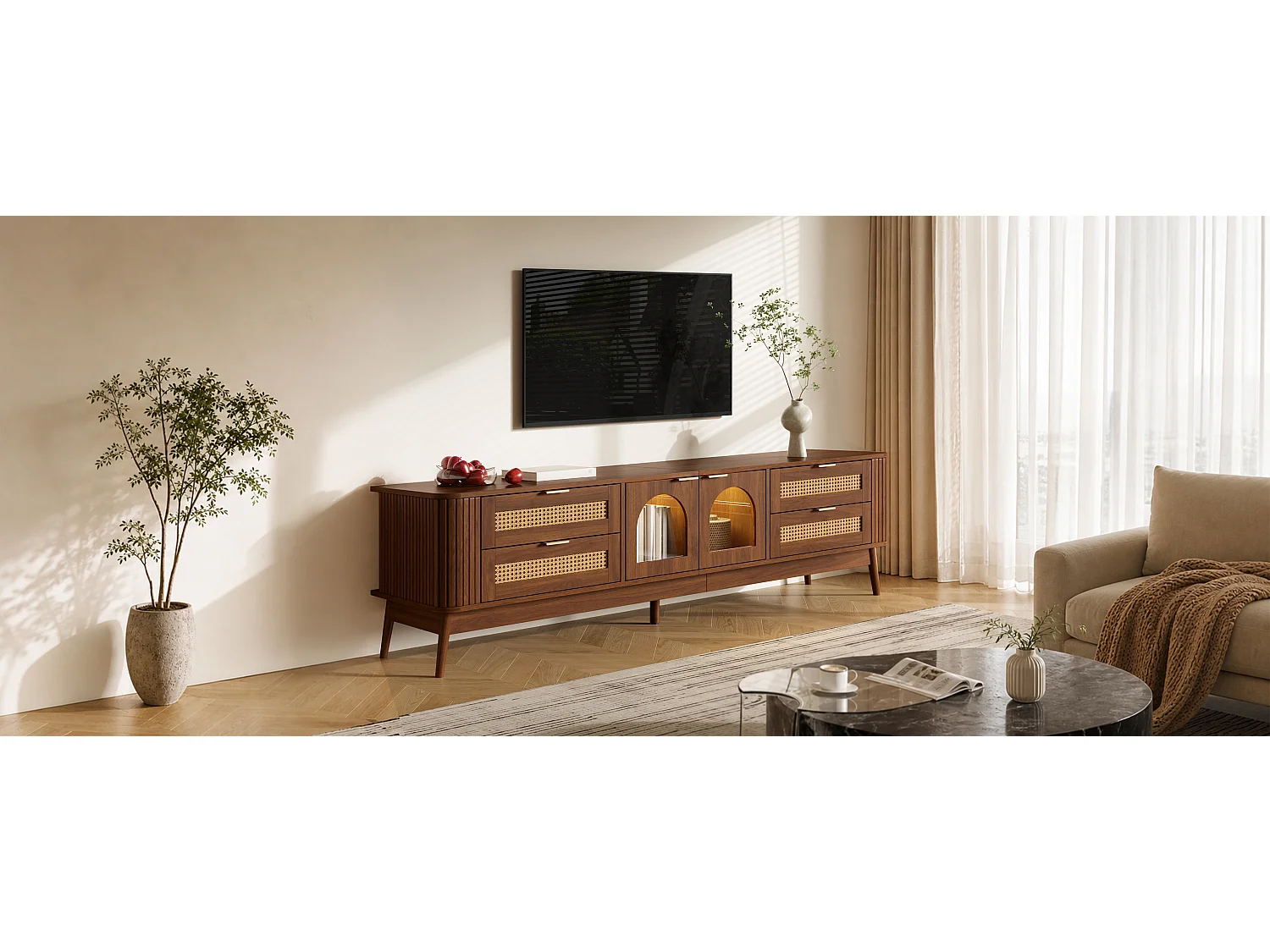 180 cm breites TV-Möbel mit 2 Glastüren, 4 Schubladen und LED-Beleuchtung – Spanplatte – 180 x 40 x 50 cm – Walnuss