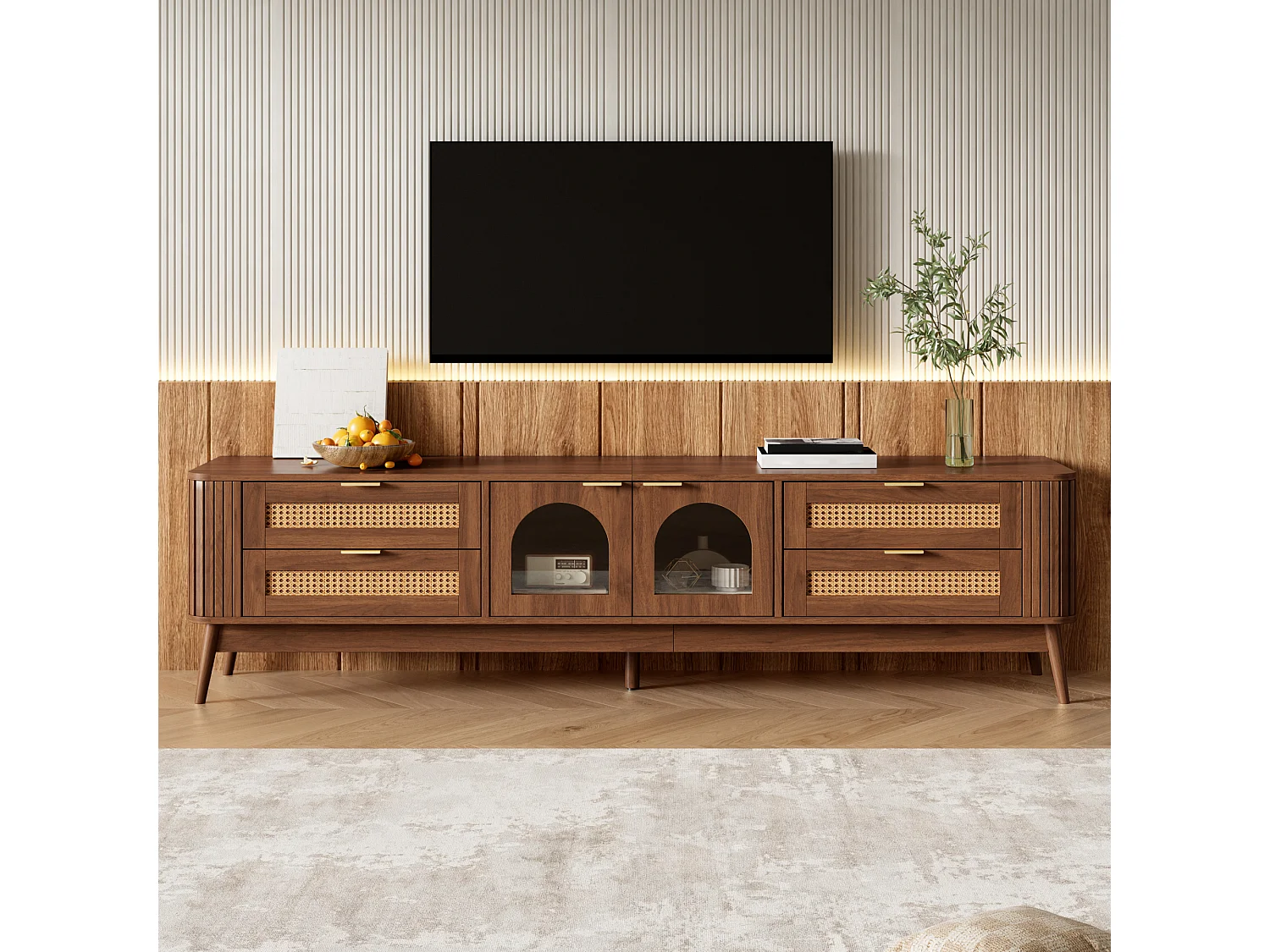 180 cm breites TV-Möbel mit 2 Glastüren, 4 Schubladen und LED-Beleuchtung – Spanplatte – 180 x 40 x 50 cm – Walnuss