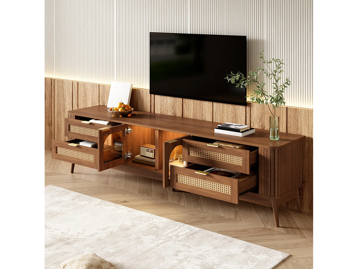 180 cm breites TV-Möbel mit 2 Glastüren, 4 Schubladen und LED-Beleuchtung – Spanplatte – 180 x 40 x 50 cm – Walnuss