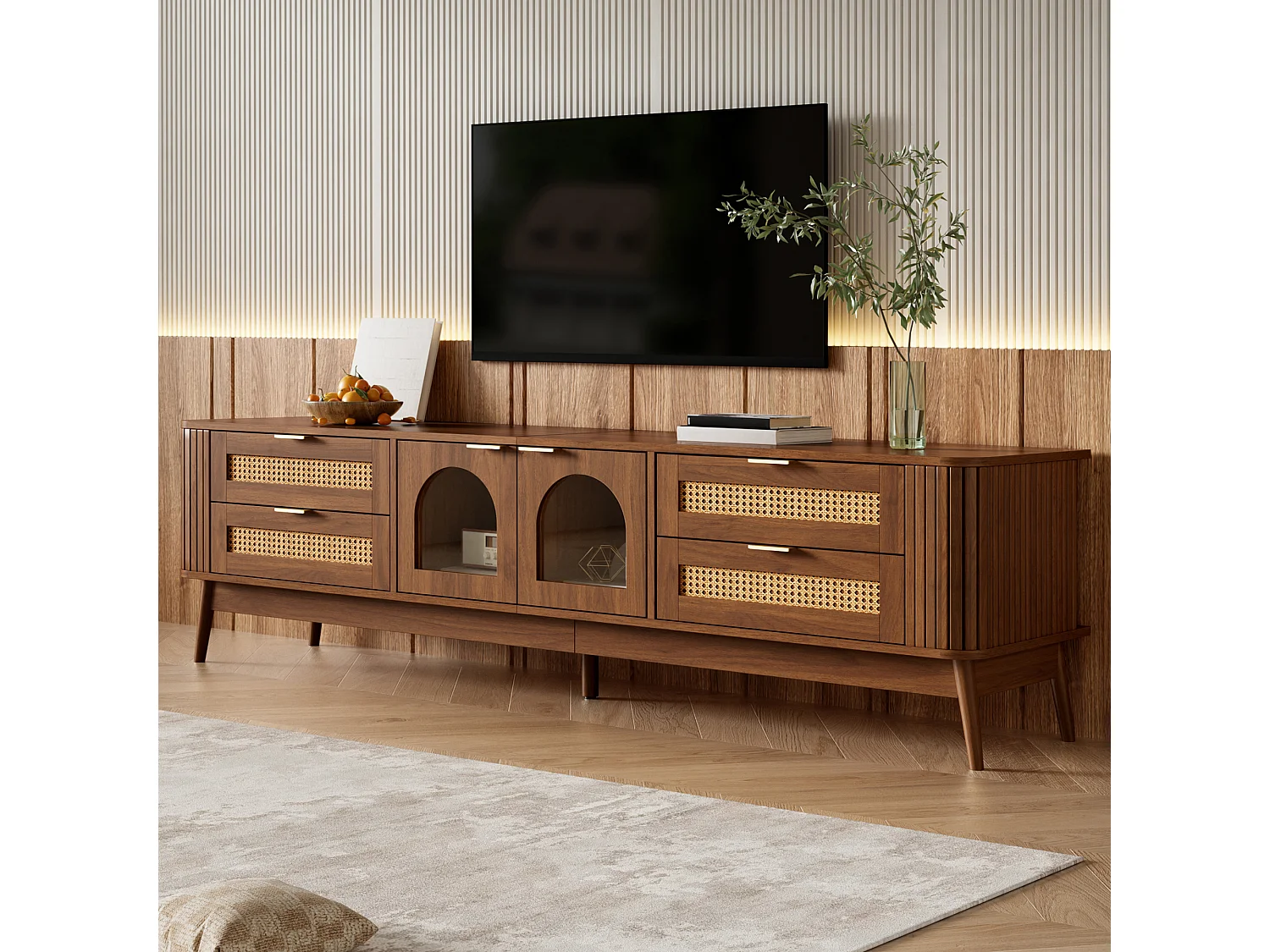 180 cm breites TV-Möbel mit 2 Glastüren, 4 Schubladen und LED-Beleuchtung – Spanplatte – 180 x 40 x 50 cm – Walnuss