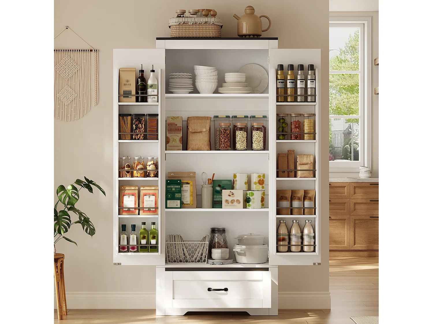 Küchenbuffet 80x35x183cm - mit 2 Türen und 1 Schublade - mit Gewürzregal - Weiß