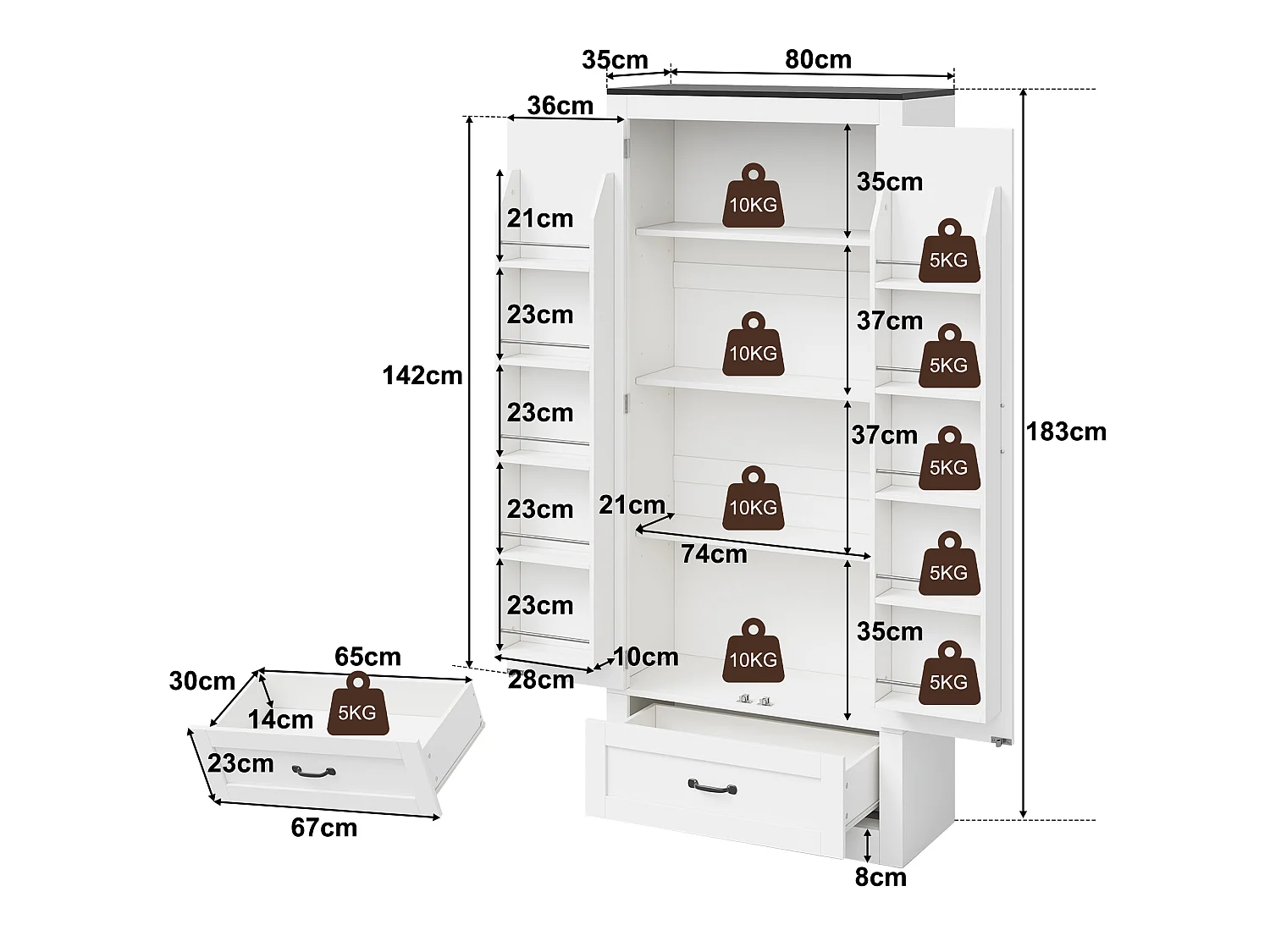 Küchenbuffet 80x35x183cm - mit 2 Türen und 1 Schublade - mit Gewürzregal - Weiß