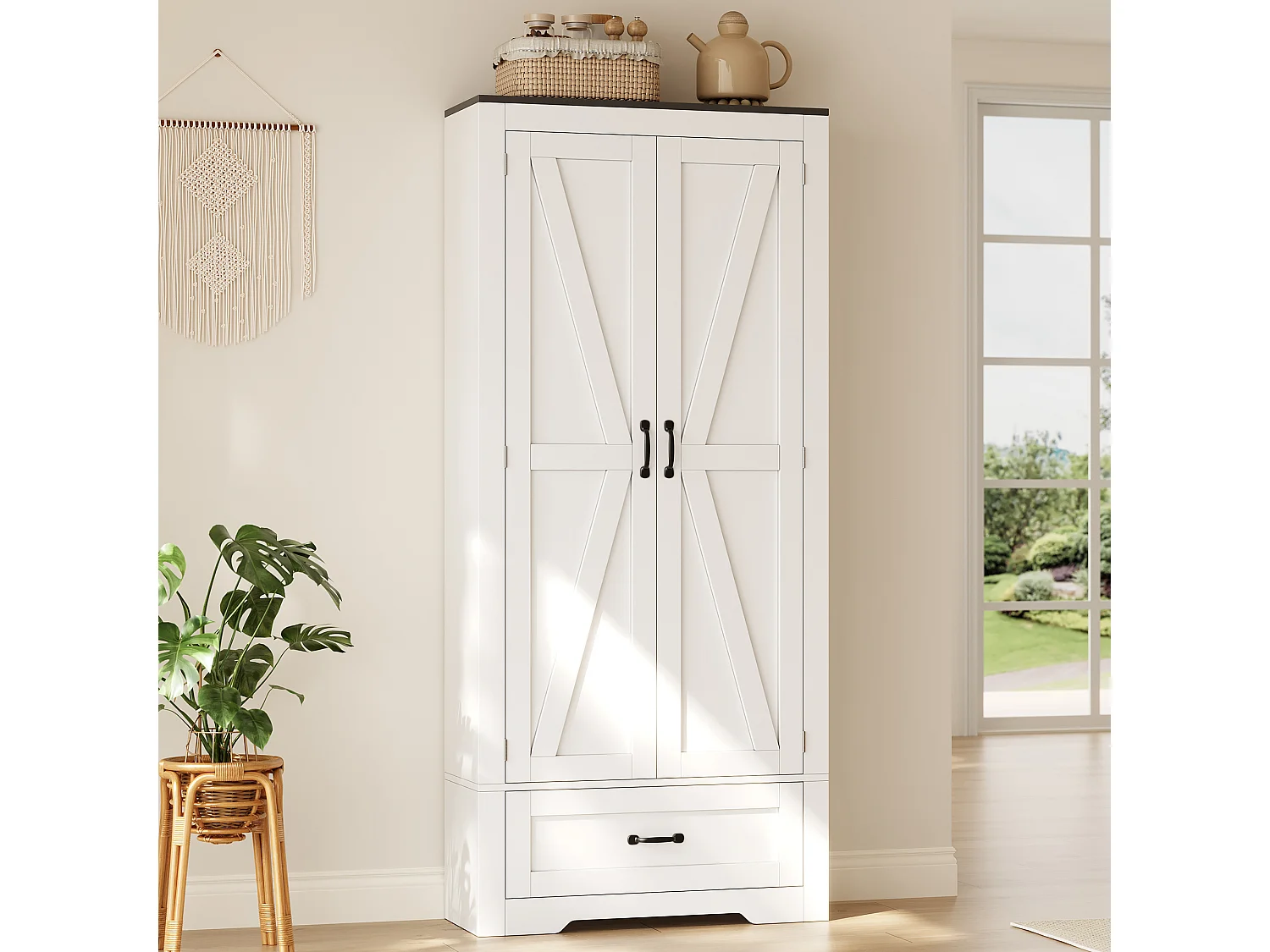 Küchenbuffet 80x35x183cm - mit 2 Türen und 1 Schublade - mit Gewürzregal - Weiß
