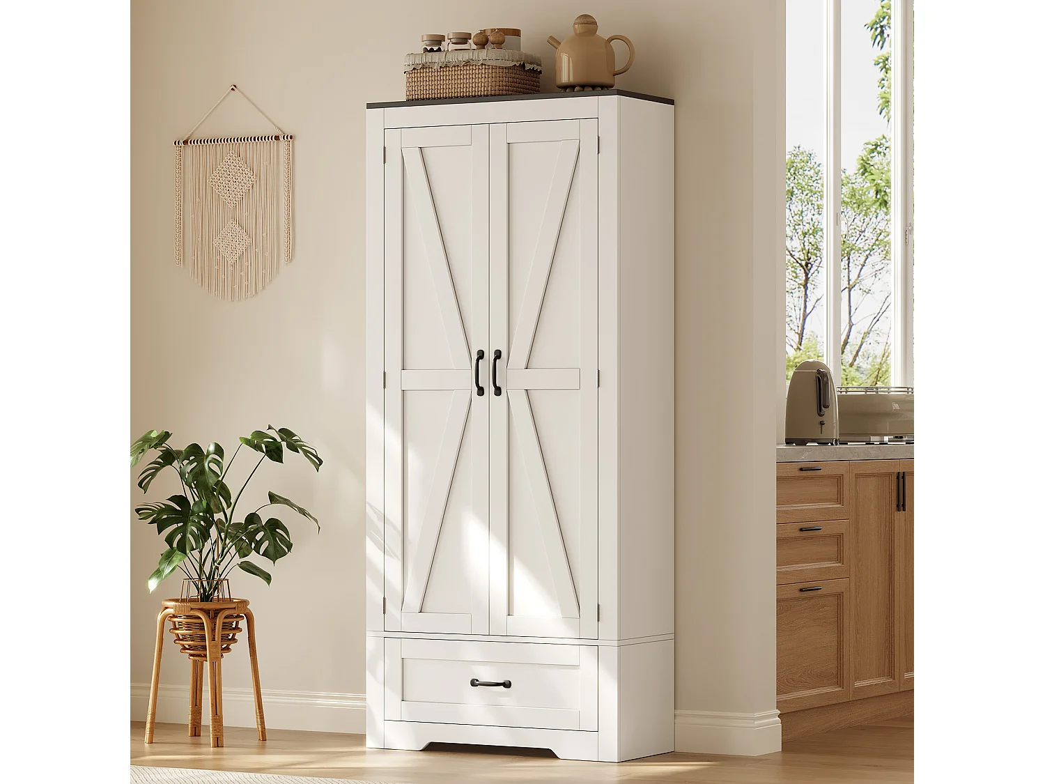 Küchenbuffet 80x35x183cm - mit 2 Türen und 1 Schublade - mit Gewürzregal - Weiß