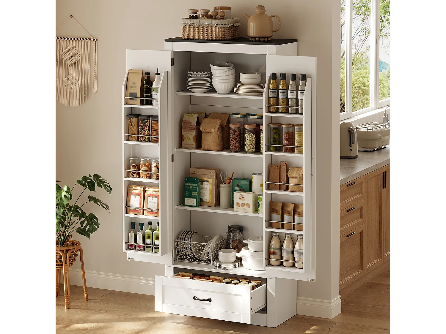 Küchenbuffet 80x35x183cm - mit 2 Türen und 1 Schublade - mit Gewürzregal - Weiß