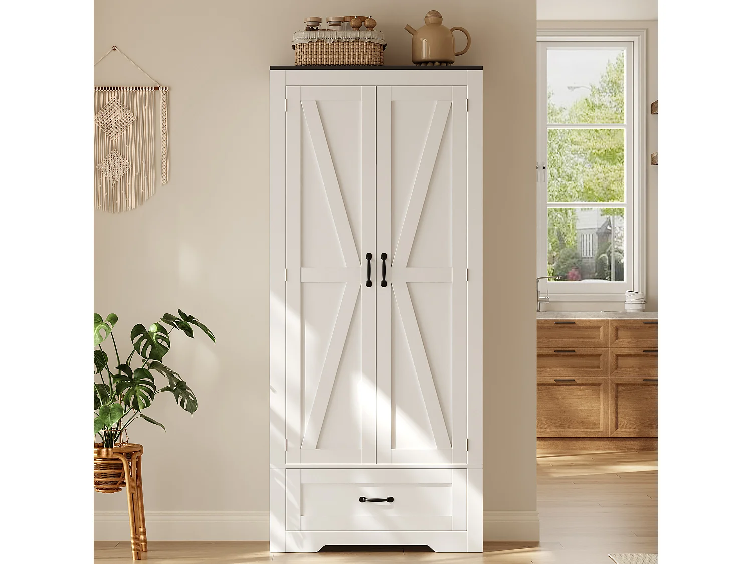 Küchenbuffet 80x35x183cm - mit 2 Türen und 1 Schublade - mit Gewürzregal - Weiß