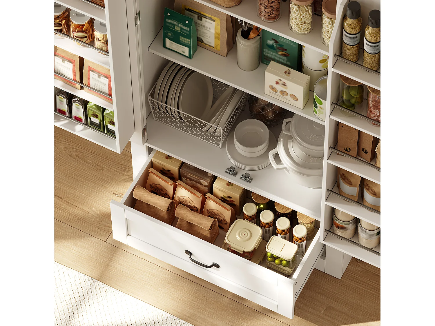 Küchenbuffet 80x35x183cm - mit 2 Türen und 1 Schublade - mit Gewürzregal - Weiß