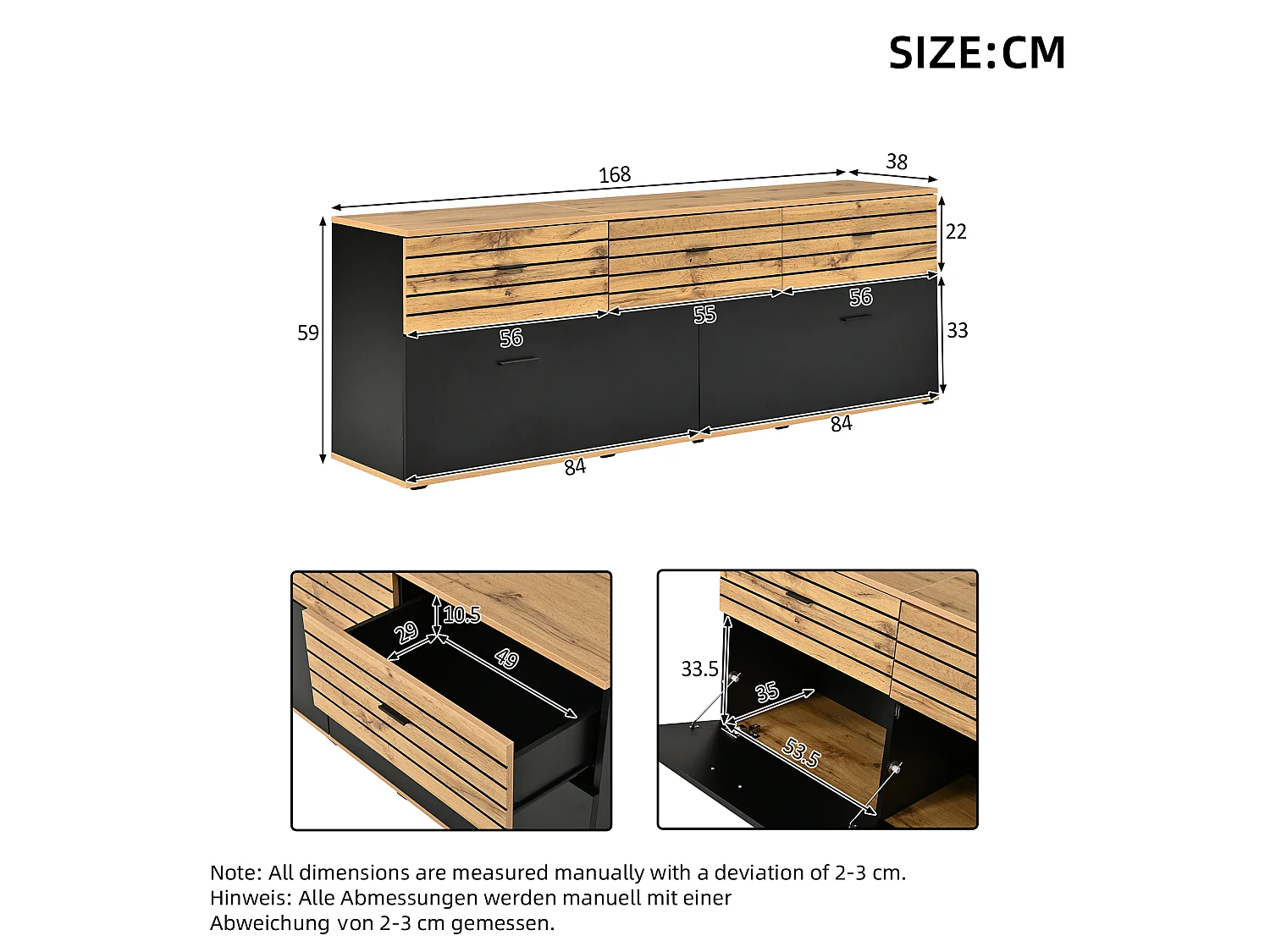 168 cm hoher TV-Ständer für Fernseher bis zu 65 Zoll mit 3 Türen und 3 Schubladen – MDF – 168 x 38 x 59 cm – Naturholz und Schwarz