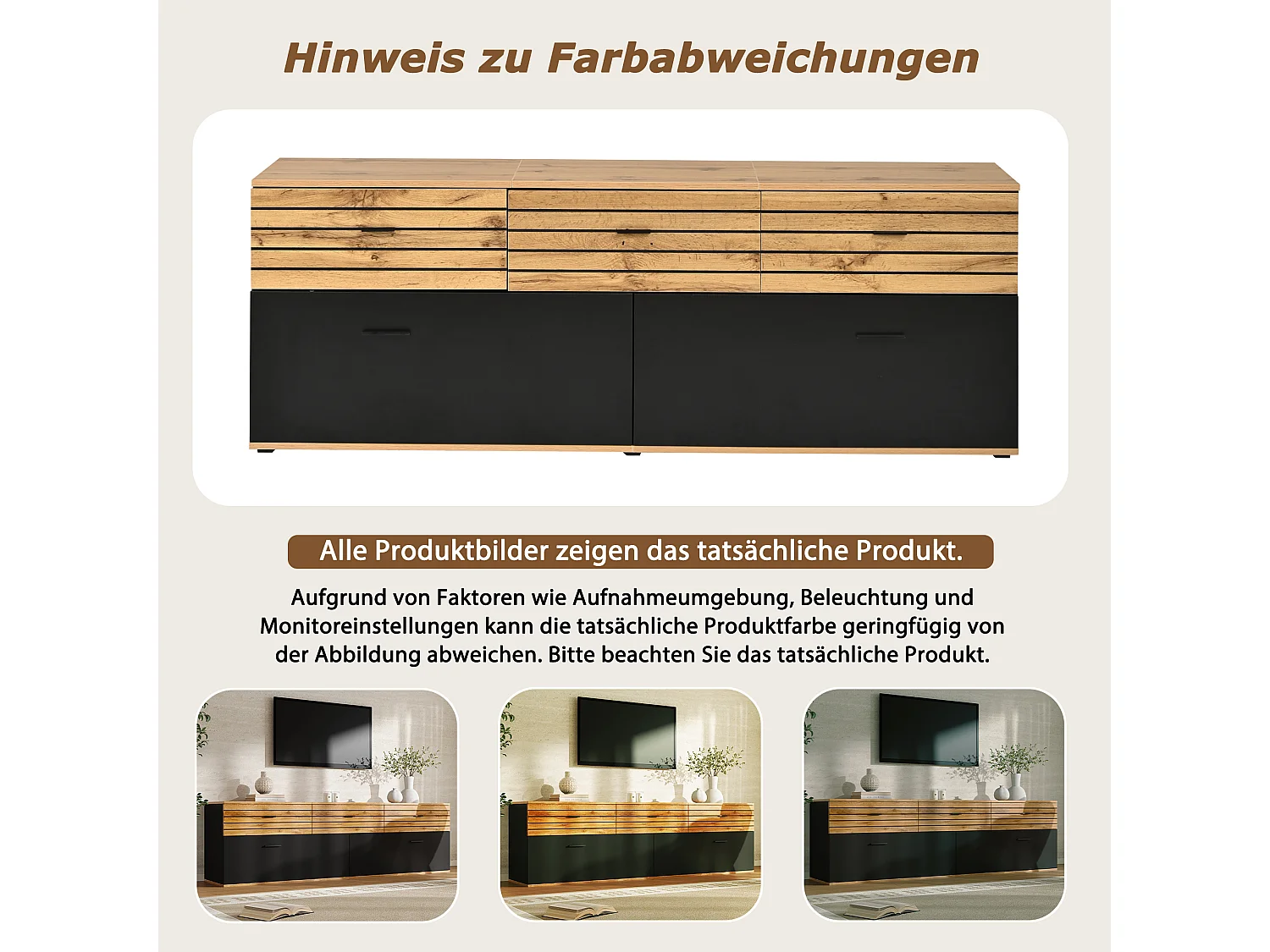 168 cm hoher TV-Ständer für Fernseher bis zu 65 Zoll mit 3 Türen und 3 Schubladen – MDF – 168 x 38 x 59 cm – Naturholz und Schwarz