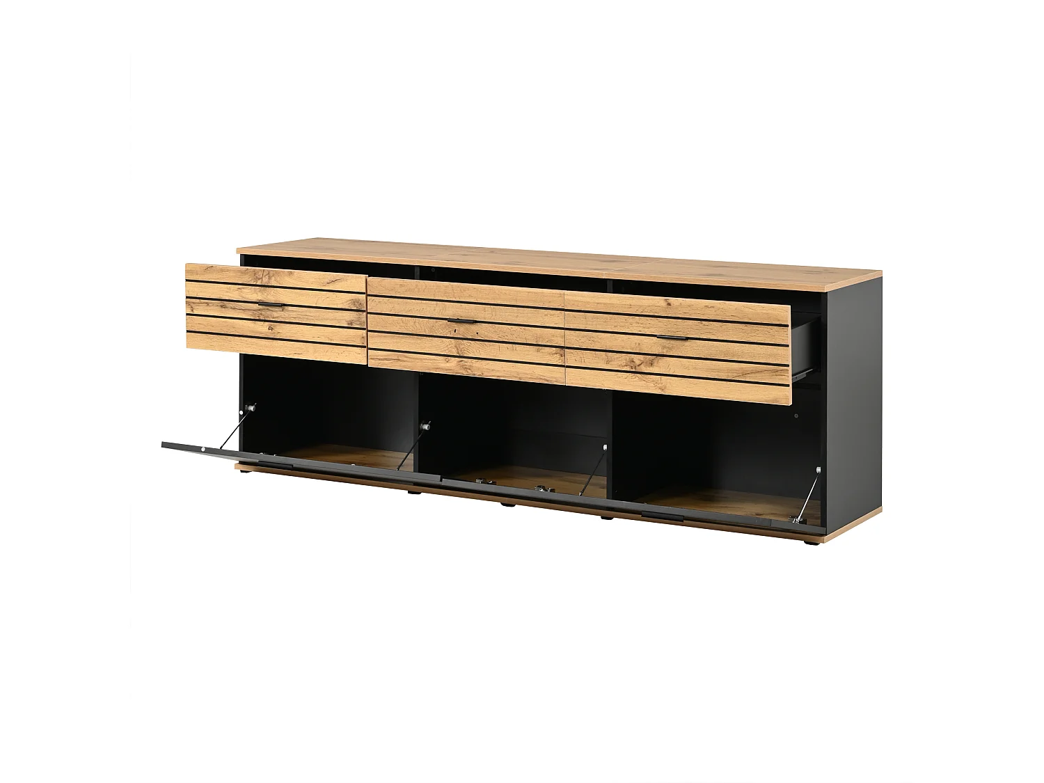 168 cm hoher TV-Ständer für Fernseher bis zu 65 Zoll mit 3 Türen und 3 Schubladen – MDF – 168 x 38 x 59 cm – Naturholz und Schwarz